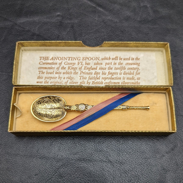 1936年 英国ヴィンテージ 純銀製 アノイティングスプーン 金メッキ装飾 箱入り